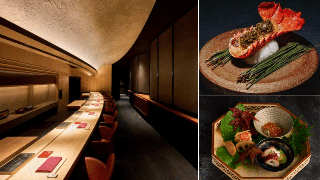 A modern, Michelin-rated sushi restaurant interior is shown on the left, with plated gourmet dishes, including lobster and assorted sashimi, displayed on the right.