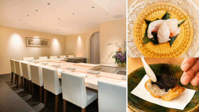 Elegant, Michelin-rated sushi restaurant interior featuring a wooden counter and white chairs. Two inset images highlight a sashimi dish and caviar being meticulously placed on a sushi piece.