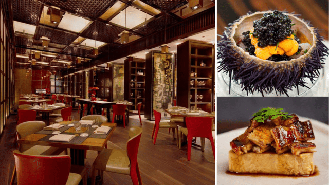 A modern, Michelin-rated restaurant interior with red chairs and a wood-accented design. On the right, there's a dish with sea urchin and caviar, and another with grilled eel on tofu.
