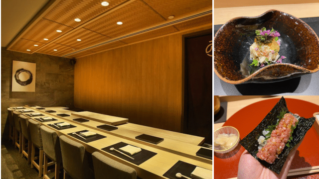 A Michelin-rated minimalist sushi restaurant with wooden decor features inset images of a gourmet sushi dish in a brown bowl and a hand holding sushi wrapped in seaweed.