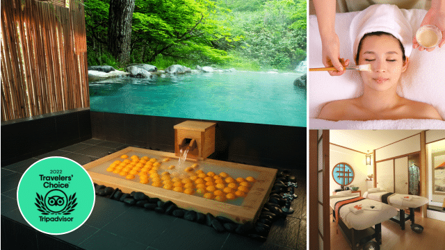 A tranquil spa scene with a citrus bath, a woman enjoying a Michelin-rated facial treatment, and a relaxing massage room. The image proudly displays a 2022 TripAdvisor Travelers' Choice award badge.