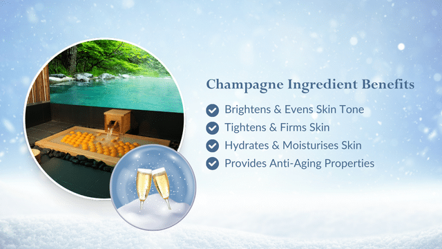 Experience the serenity of our Christmas spa promotion with a tranquil scene featuring a wooden tub embraced by nature. Discover the benefits of champagne: it brightens skin, tightens, hydrates, and offers anti-aging properties, all symbolized by a chic glass of bubbly.