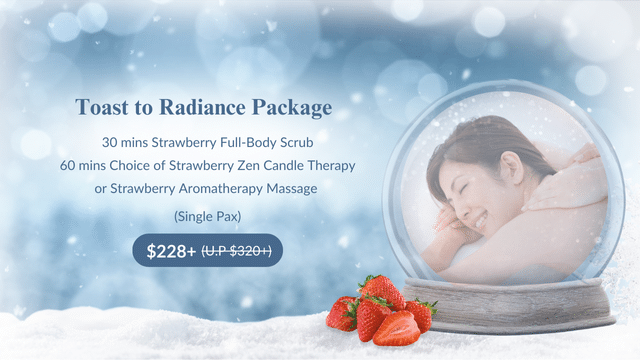 A Christmas spa promotion showcases a smiling woman encased in a snowy globe, highlighting seasonal package details at the festive price of 8+.