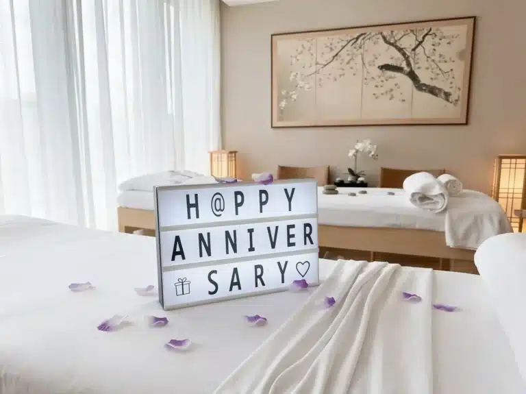A hotel room with two beds, topped with towels and purple flower petals—an ideal anniversary present. A lightbox sign on the bed reads "Happy Anniversary" in block letters.