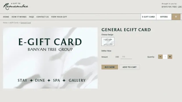 Screenshot of a website selling a Banyan Tree Group e-gift card, with options to select design, value, amount, or quantity—perfect for gifting as a hotel spa voucher—before adding to cart or buying.