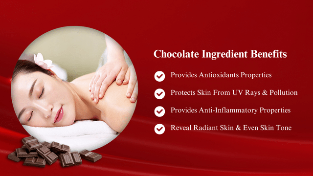 Indulge in a Valentine spa experience as you enjoy a soothing shoulder massage with chocolate pieces nearby. Discover the benefits of chocolate: antioxidants, UV protection, anti-inflammatory properties for radiant skin, and an even tone.