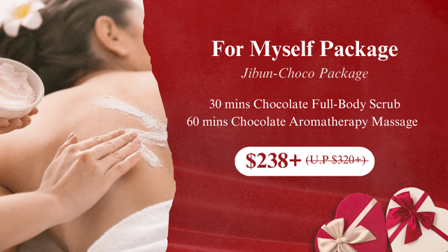 Indulge in our Valentine Spa package, featuring a luxurious chocolate full-body scrub and soothing aromatherapy massage for just 8+. Set against a romantic red background with gift boxes, experience pure bliss as the products are applied gently to your back.