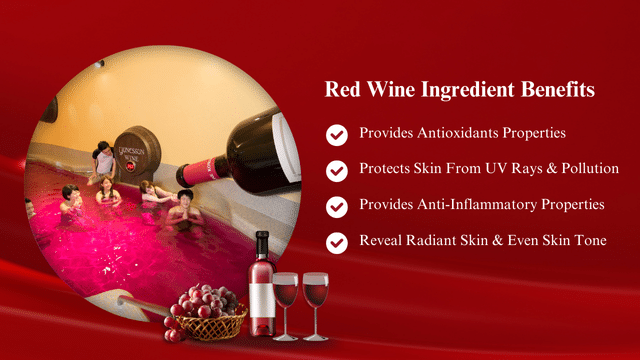 Image showcasing couples enjoying a red wine bath, perfect for a Valentine spa experience. Text highlights benefits: antioxidants, UV protection, anti-inflammatory properties, and radiant skin. Red background adorned with wine and grapes graphic evokes romance and rejuvenation.