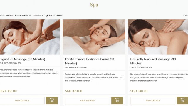 A hotel spa voucher website showing a woman getting a massage at a spa.