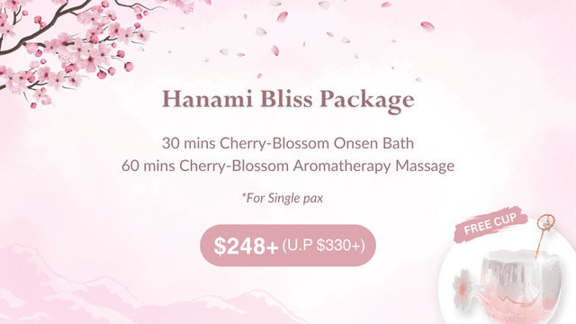 Experience our spring spa promotion with cherry blossom graphics featuring a 30-minute onsen bath and a 60-minute aromatherapy massage. Enjoy a complimentary cup for just 8+ (U.P 0+). Indulge in rejuvenation amidst the beauty of blossoms.