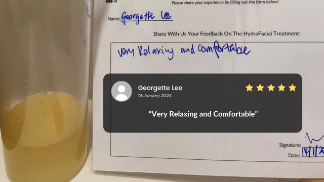 A feedback form dated 12/12/25 reads "Very relaxing and comfortable" for a HydraFacial treatment. Next to it sits a container with yellow liquid, complementing the serene experience.