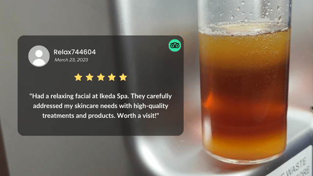 A five-star review shines brightly for the hydrafacial experience at Ikeda Spa. In the background, a glass container with yellow-brown liquid adds a touch of elegance to the scene.