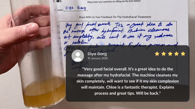 A hand grasps a bottle of yellow liquid, with a handwritten note on a feedback card visible behind. The overlayed text praises the rejuvenating effects of the hydrafacial treatment.