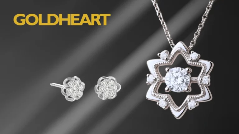 A pair of floral-shaped diamond stud earrings and a matching diamond pendant necklace are displayed on a gray background with the "GOLDHEART" logo in yellow text, perfect for gifting after a luxurious mother’s day spa experience.