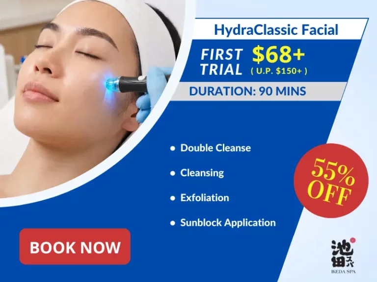A woman enjoys a hydrafacial treatment with a device; promo text advertises a HydraClassic Facial trial for $68+, 55% off, lasting 90 minutes with cleansing, exfoliation, and sunblock.