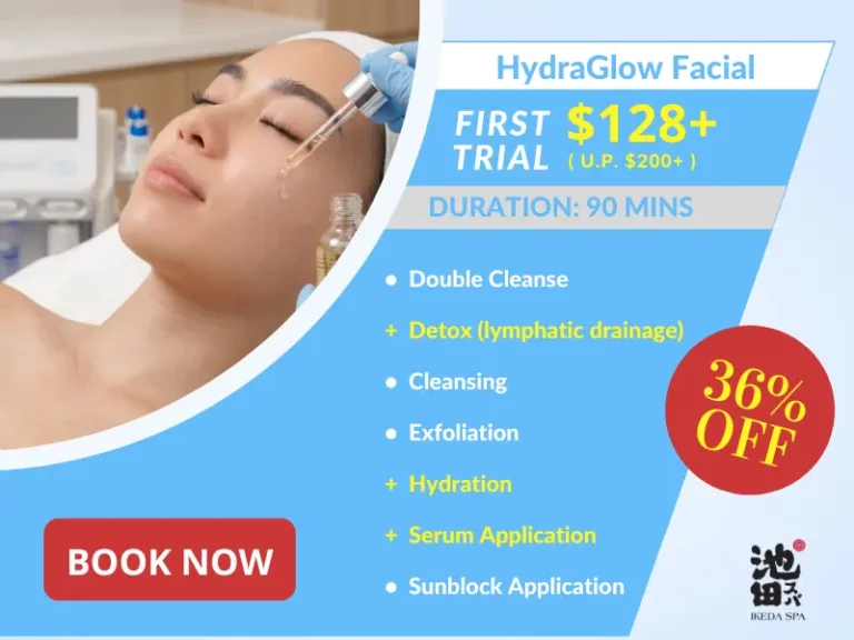 A woman enjoys a relaxing Hydrafacial treatment at a spa. Text promotes a HydraGlow Facial first trial for $128+, highlighting included services and a 36% discount offer.