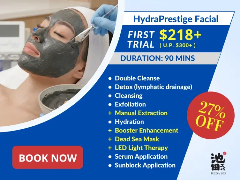 Person enjoying a hydrafacial treatment with a dark mask applied; promotional text highlights a 90-minute facial offer at $218+ featuring hydrafacial services, a 27% discount, and a full list of included treatments.