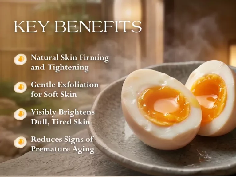 A halved soft-boiled egg on a plate with text listing skin benefits like firming, exfoliation, brightening, and reducing signs of ageing—perfect inspiration for a nourishing Mother’s Day spa treat.