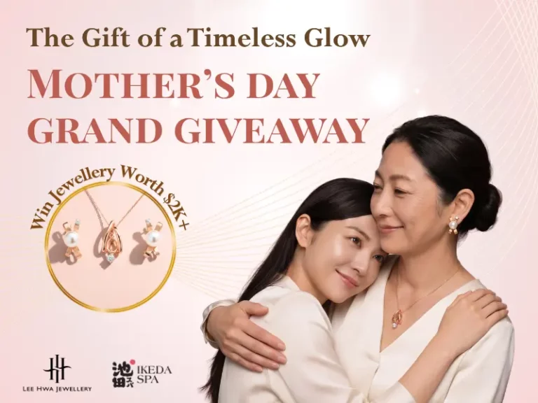Two women, one older and one younger, embrace and smile. Text promotes a Mother’s Day Grand Giveaway for a chance to win £2,000 worth of jewellery and a luxurious Mother’s Day spa experience. Logos for Lee Hwa Jewellery and Ikeda Spa included.
