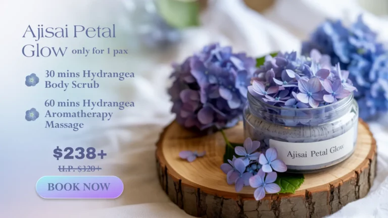 A Mother's Day spa promotion features a jar labeled "Ajisai Petal Glow," hydrangea flowers, and a wooden tray, with details of body scrub, massage, and pricing information.