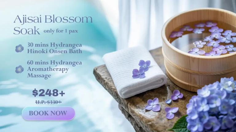A rolled white towel and wooden tub with purple hydrangea flowers beside a pool, highlighting a Mother’s Day spa promotion with special pricing and easy booking details.