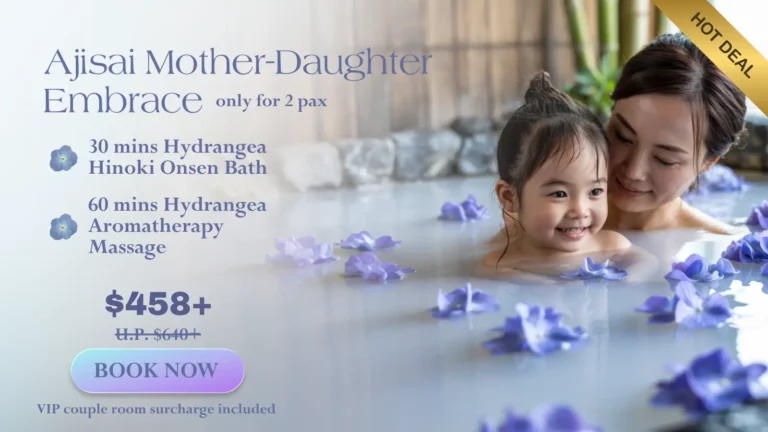 Mother and young daughter enjoy a flower-filled bath; promotional text highlights a special Mother's Day spa promotion featuring a hydrangea bath and massage, with package pricing and booking details included.