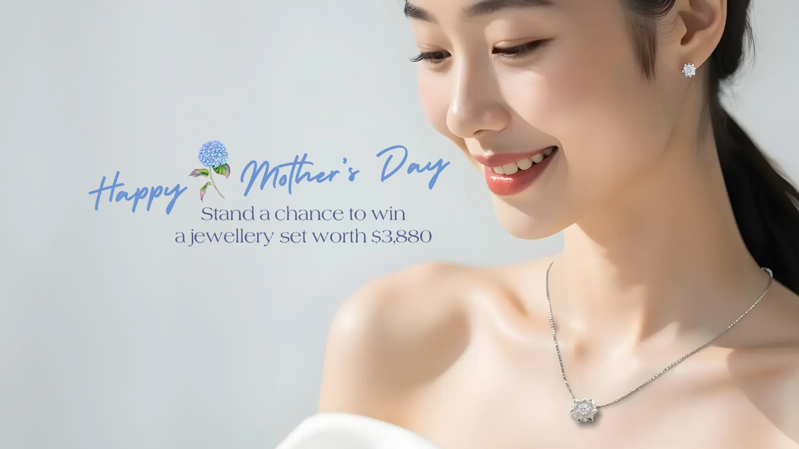 A woman wearing a silver necklace and earrings smiles beside text promoting a Mother's Day jewelry set and spa giveaway worth $3,880.