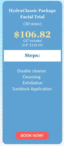 HydraClassic Package Facial Trial: Experience this hydrafacial offer for $106.82—30 mins including double cleanse, exfoliation, and sunblock. "Book Now" button at bottom.
