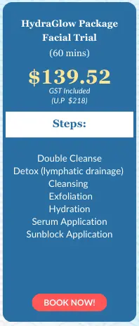 Promotional graphic for HydraGlow hydrafacial Package Facial Trial, 60 mins for $139.52, listing steps including cleansing, exfoliation, hydration, and serum; "Book Now!" button at bottom.