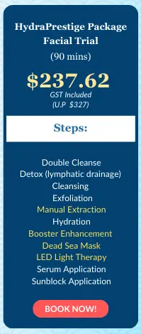 Promotional sign for a HydraPrestige hydrafacial trial at $237.62 for 90 minutes, featuring a step-by-step outline of treatment procedures and a prominent “Book Now!” button.
