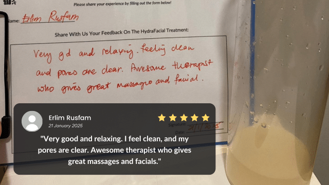 A review form with handwritten feedback applauds the therapist for delivering relaxing and effective massages and hydrafacials. Beside the form, a bottle filled with cream-colored liquid hints at the rejuvenating experience provided.