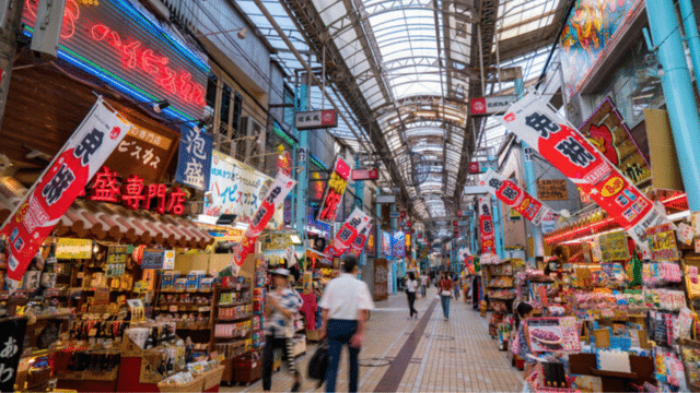 Brightly lit indoor market with various stores, colorful banners, and signs in Japanese. Shoppers wander through the central pathway, which is covered by a transparent roof.