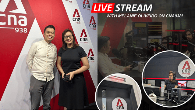 Two people stand smiling in a radio studio with "CNA 938" logos. The text reads "LIVE STREAM with Melanie Oliveiro on CNA938!" Inset images show a person speaking into a microphone in a broadcasting setup, perhaps discussing the serene experience of onsens in Japan.