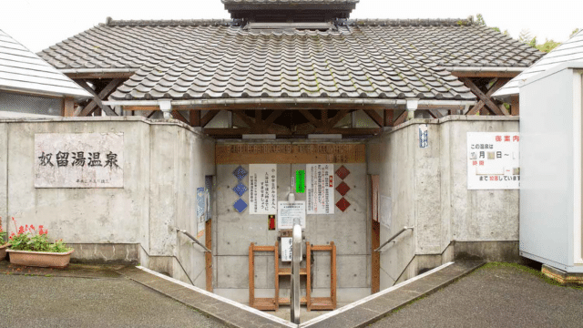 Entrance to a traditional Japanese building with a tiled roof, signs in Japanese, and steps leading down to the doorway. Flowers in planters are on either side of the entrance, welcoming visitors to this serene onsen in Japan.