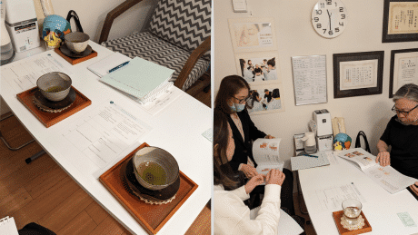 Two-part image: Left side shows a small table with documents and tea cups. Right side shows three people sitting at the same table, discussing the documents. One person is wearing a mask, possibly engaging in training for small face therapy (kogao).