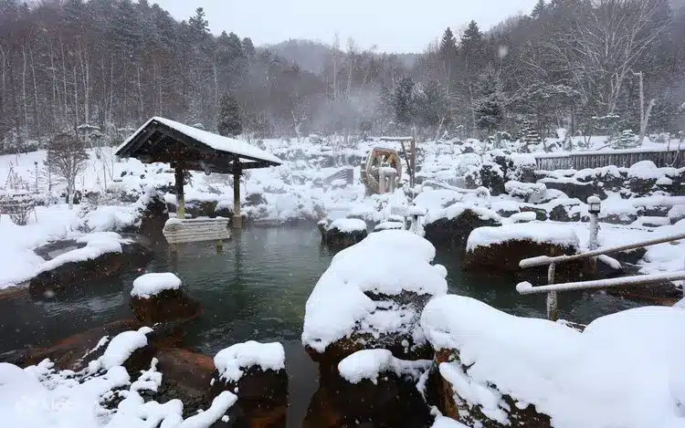 Snow-covered outdoor hot spring with steaming water, surrounded by rocks and trees in a winter landscape. A wooden shelter and simple wooden bridge are visible, making this tattoo-friendly onsen an inviting retreat for all guests.