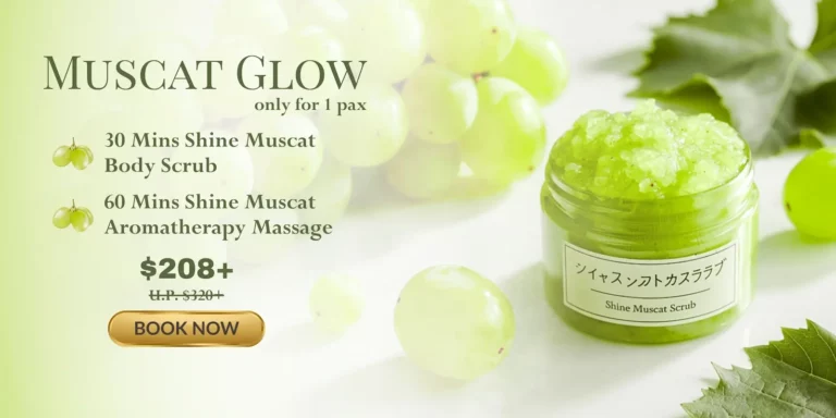 Promo image for Shine Muscat body scrub and aromatherapy massage package, featuring green grapes, a jar of green scrub, pricing details, and a special summer spa promotion.
