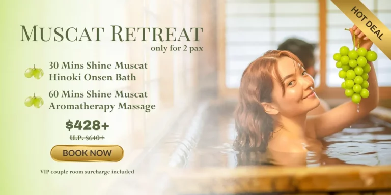 A woman in a wooden bath holds a bunch of grapes, highlighting our summer spa promotion: the Muscat Retreat package with a bath and massage for two, now discounted from $600 to $428.