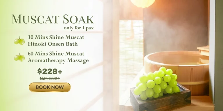 Promotional image for "Muscat Soak" summer spa promotion featuring a wooden bath, a basket of green grapes, and package details with pricing and a "Book Now" button.