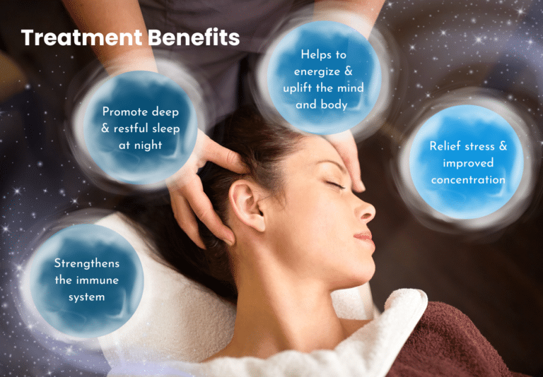 A person receiving a head massage. Overlaid text bubbles list benefits: "Promote deep & restful sleep at night," "Helps to energize & uplift the mind and body," "Relief stress & improved concentration," "Strengthens the immune system.