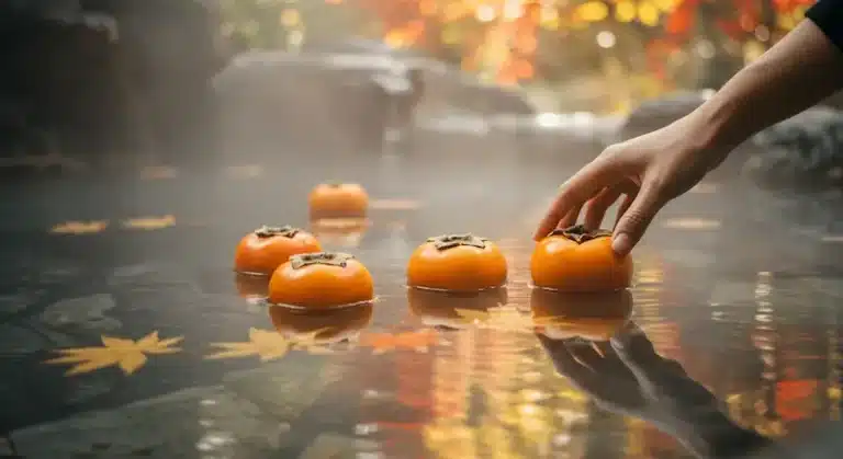 A hand reaches to pick up a persimmon floating in a pond with other persimmons and autumn leaves; mist and rocks set a tranquil scene reminiscent 