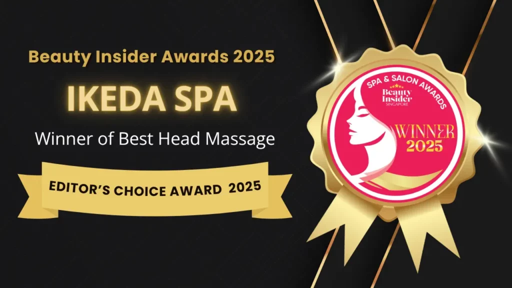 Black and gold banner showcasing Ikeda Spa winning the 2025 Beauty Insider Awards for Best Head Massage, along with the prestigious Editor’s Choice Award.