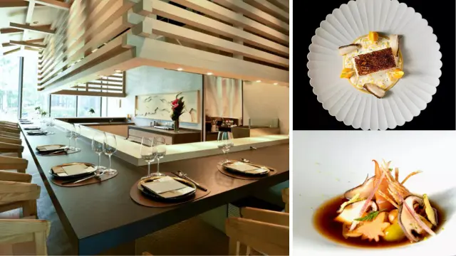 Modern japanese restaurant in Singapore with set tables on the left; on the right, two plated gourmet dishes are shown, one featuring fish and the other a vegetable garnish in a dark sauce.