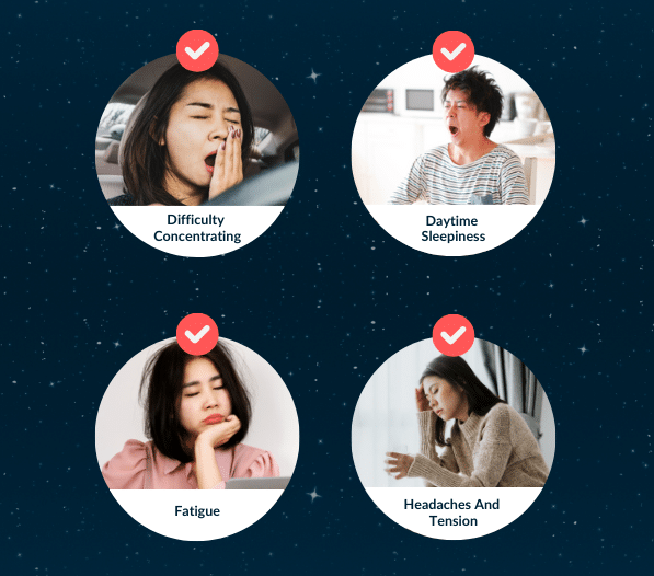 A grid of four images featuring individuals exhibiting symptoms of sleep deprivation: difficulty concentrating, daytime sleepiness, fatigue, and headaches and tension.