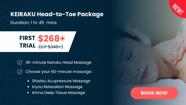A woman enjoys a relaxing head massage in a spa; promotional text offers a Keiraku Head-to-Toe Package first trial for $268, with options for different massage types.