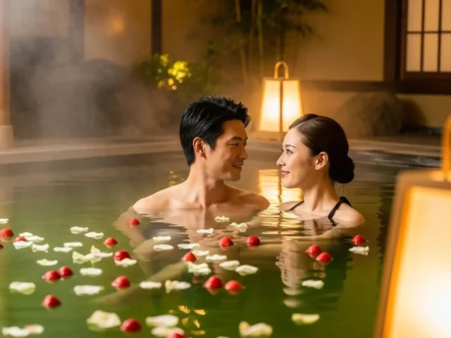 A man and woman sit together in a steamy indoor pool decorated with floating matcha flower petals and candles, looking at each other.
