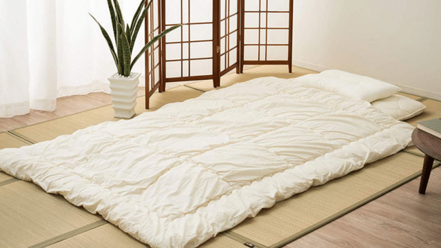 A neatly arranged futon with white bedding is placed on a tatami mat floor, creating a serene setting ideal for insomnia treatment, accompanied by a potted plant and a wooden room divider in the background.