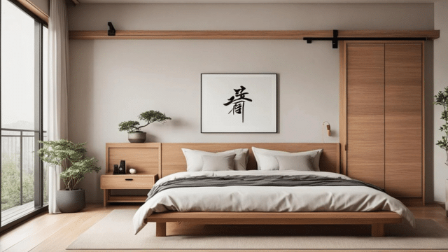 Minimalist bedroom featuring a wooden bed, gray comforter, potted plants, sliding wardrobe doors, and a framed Asian calligraphy artwork. The serene space invites restful sleep with potential insomnia treatment benefits from the tranquil view through the large window on the left side.