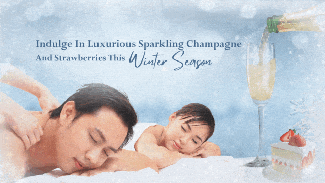 A couple enjoying a spa day with champagne and strawberries. Text reads: "Indulge in luxurious sparkling champagne and strawberries this winter season with our exclusive Christmas spa promotion.