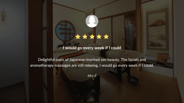 A dimly lit spa room with two massage tables, wood paneling, and Japanese-style decorations. Text includes a positive review with a five-star rating.